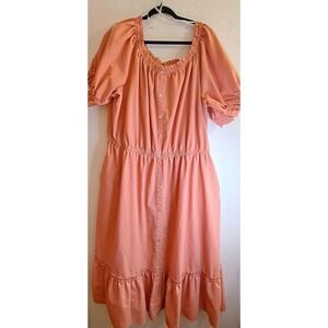 City Chic Alice XL/22 Coral Ruffle Linen Blend Midi Dress Cottagecore Coquette